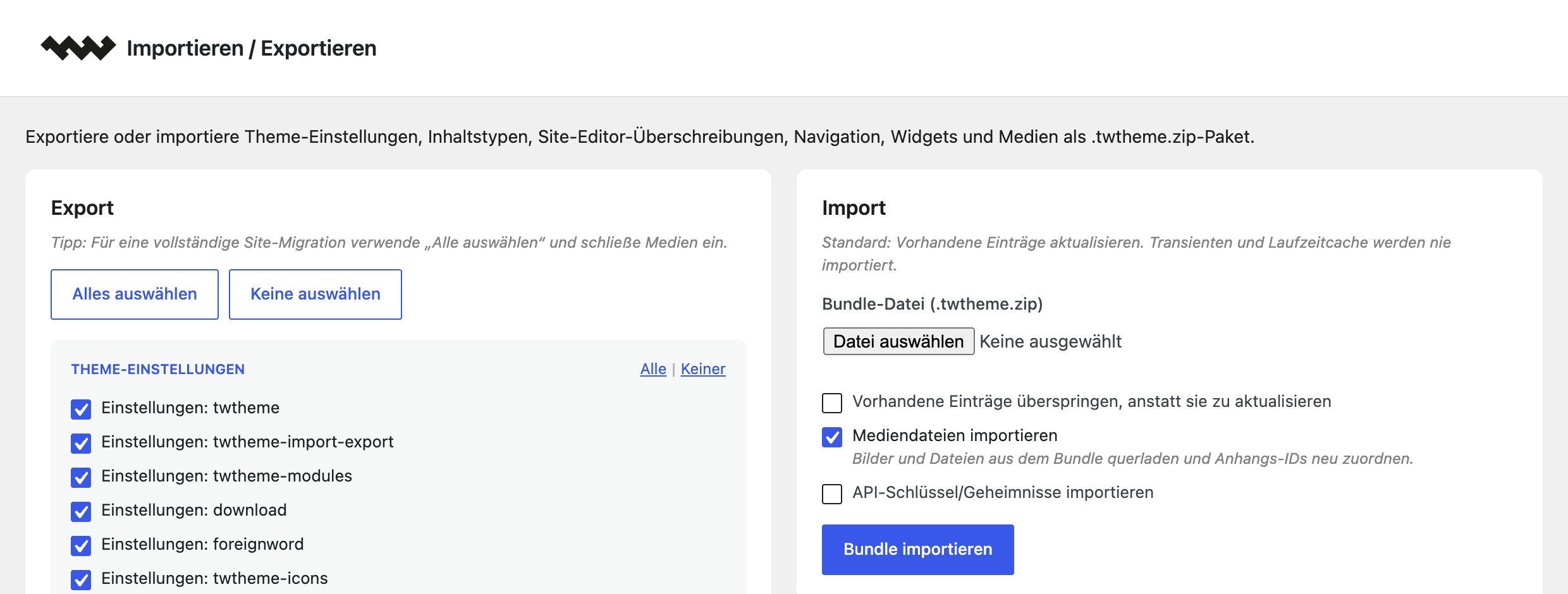 Die Seite Theme → Importieren / Exportieren mit den Spalten Export und Import