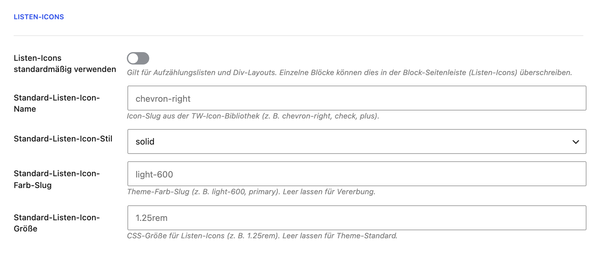 Der Abschnitt Listen-Icons im Reiter Hilfsmittel