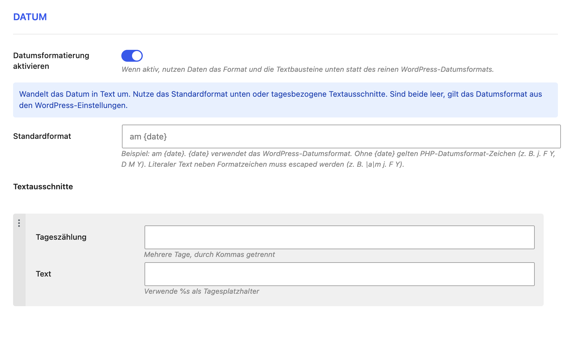 Der Abschnitt Datum im Reiter Hilfsmittel