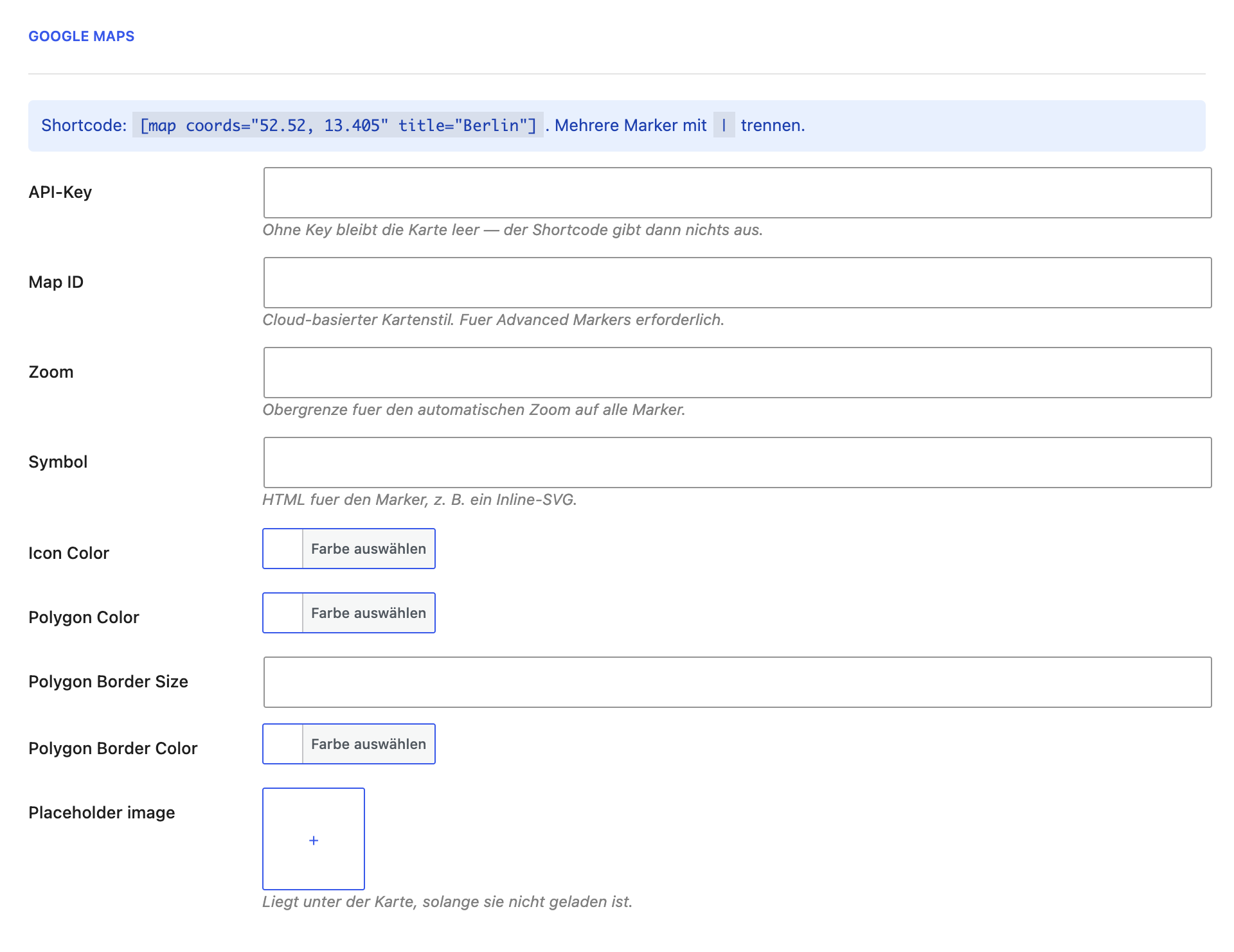 Der Abschnitt Google Maps im Reiter Integration