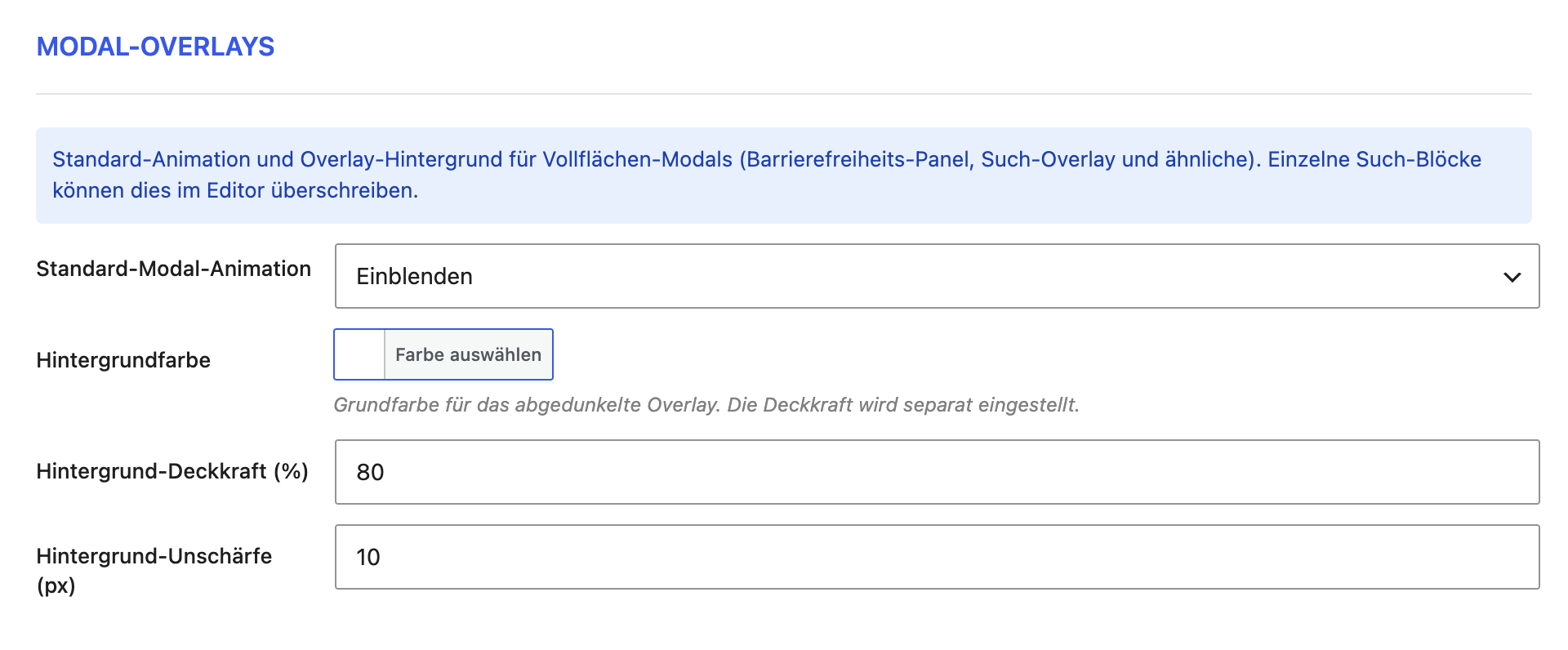 Der Abschnitt Modal-Overlays im Reiter Hilfsmittel
